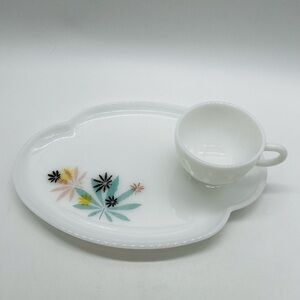 Federal Glass Atomic Elegant White Tea Set with Floral DesignMid Century Modern